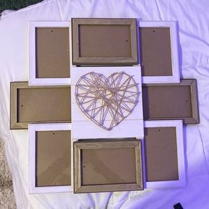 wooden picture frame that holds 8 4x6 photos with twine heart in the middle